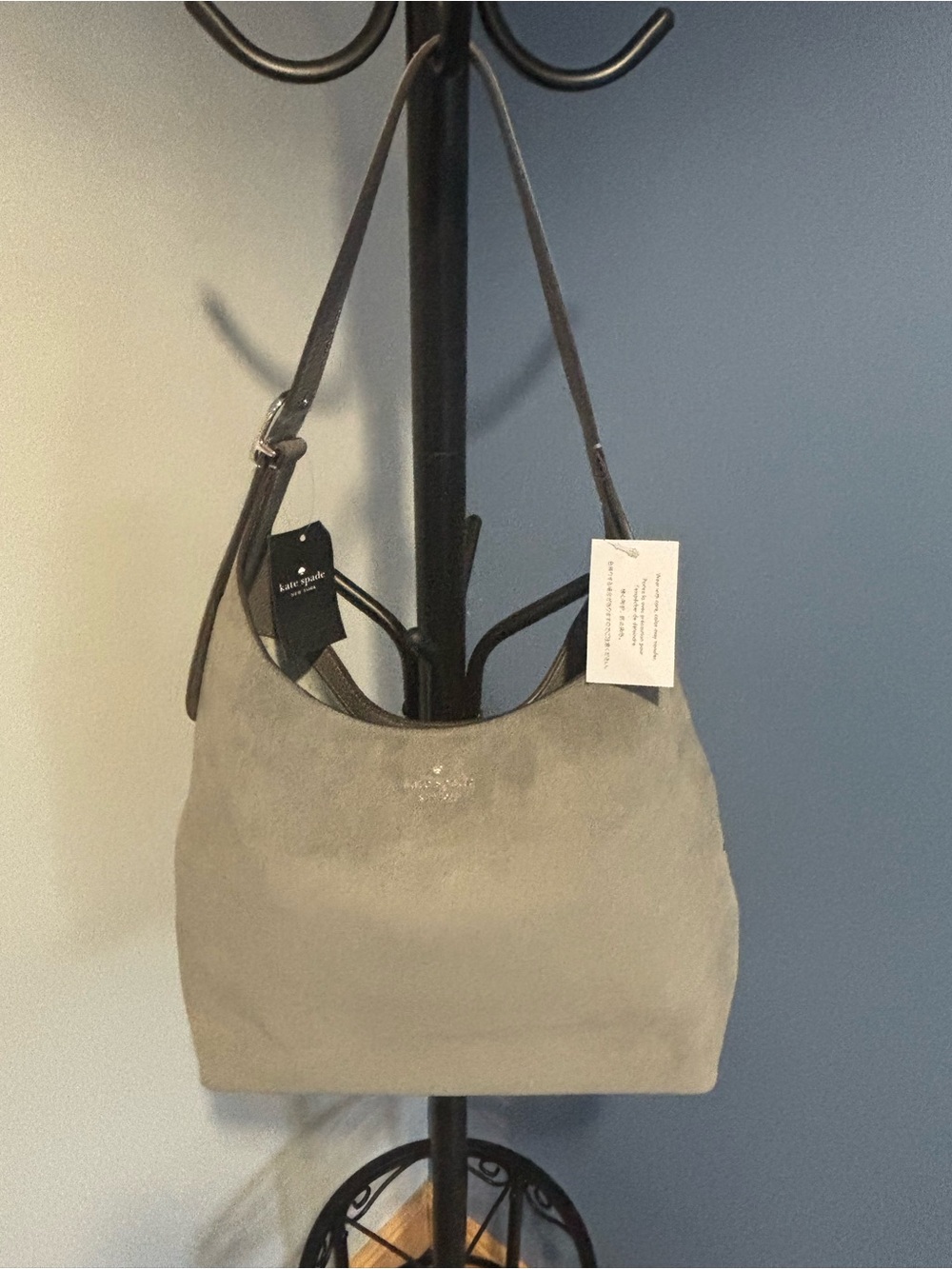 kate spade gray suede shoulder bag with dark brown strap
